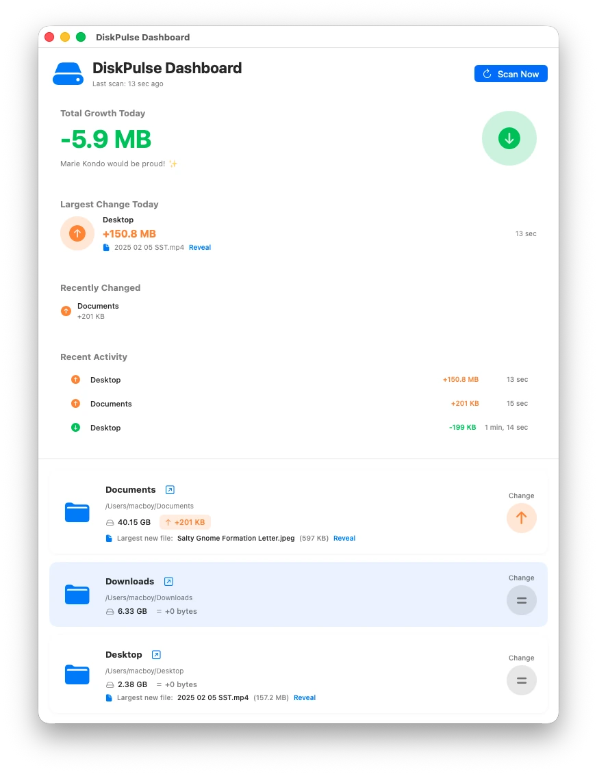 DiskPulse Dashboard showing recent activity, largest change today, and folder cards with live growth data
