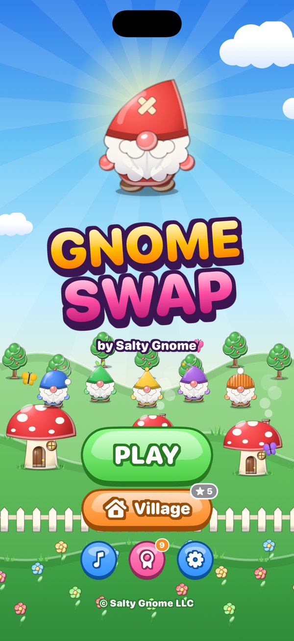 Gnome Swap home screen with Salty and a row of gnomes