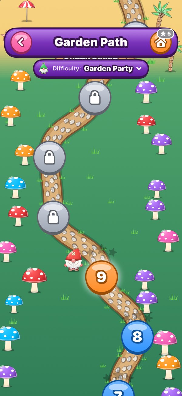 The Garden Path level map winding through mushroom-filled worlds