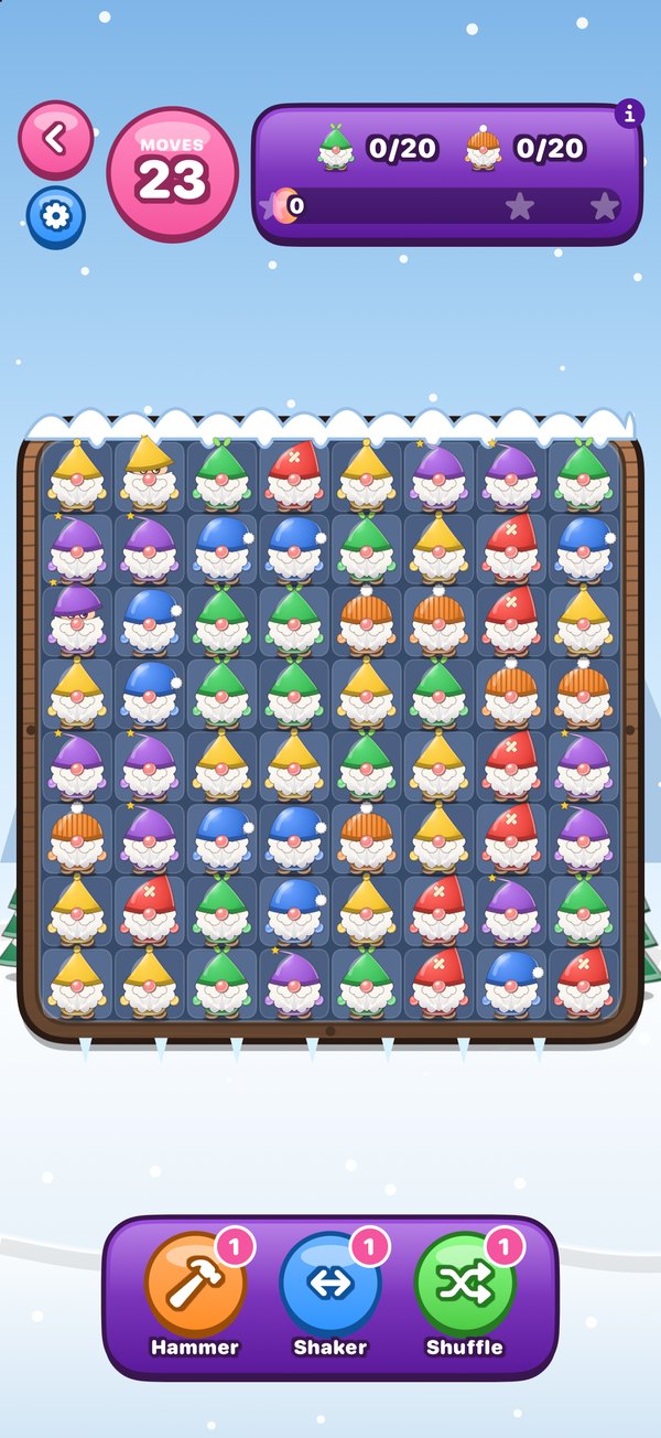 A snowy puzzle board full of gnomes with boosters below