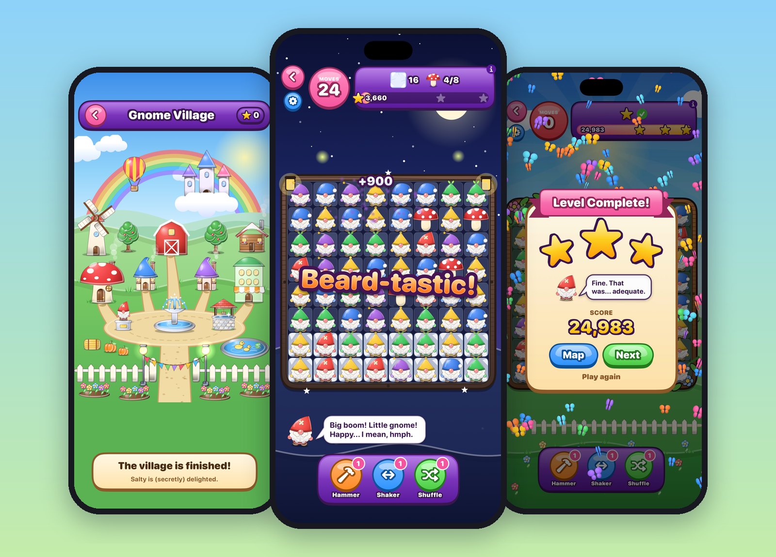Gnome Swap on iPhone: the Gnome Village, a puzzle board of gnomes, and a three-star level win