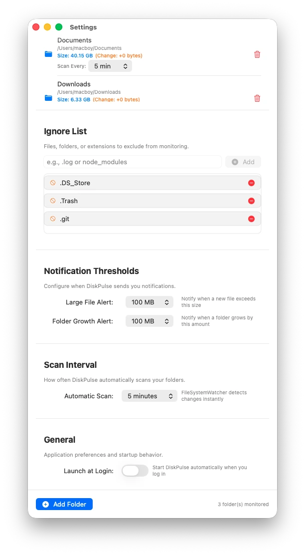 DiskPulse Settings view showing per-folder scan interval pickers, ignore list, and notification thresholds