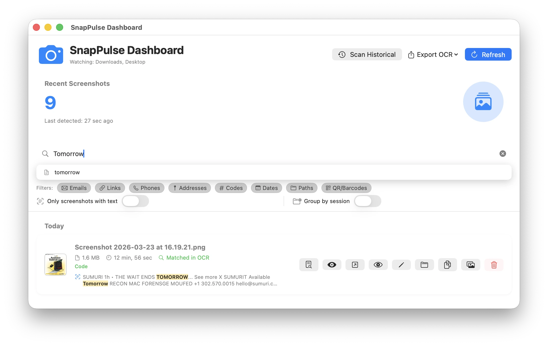 SnapPulse search highlighting matching OCR text across screenshots