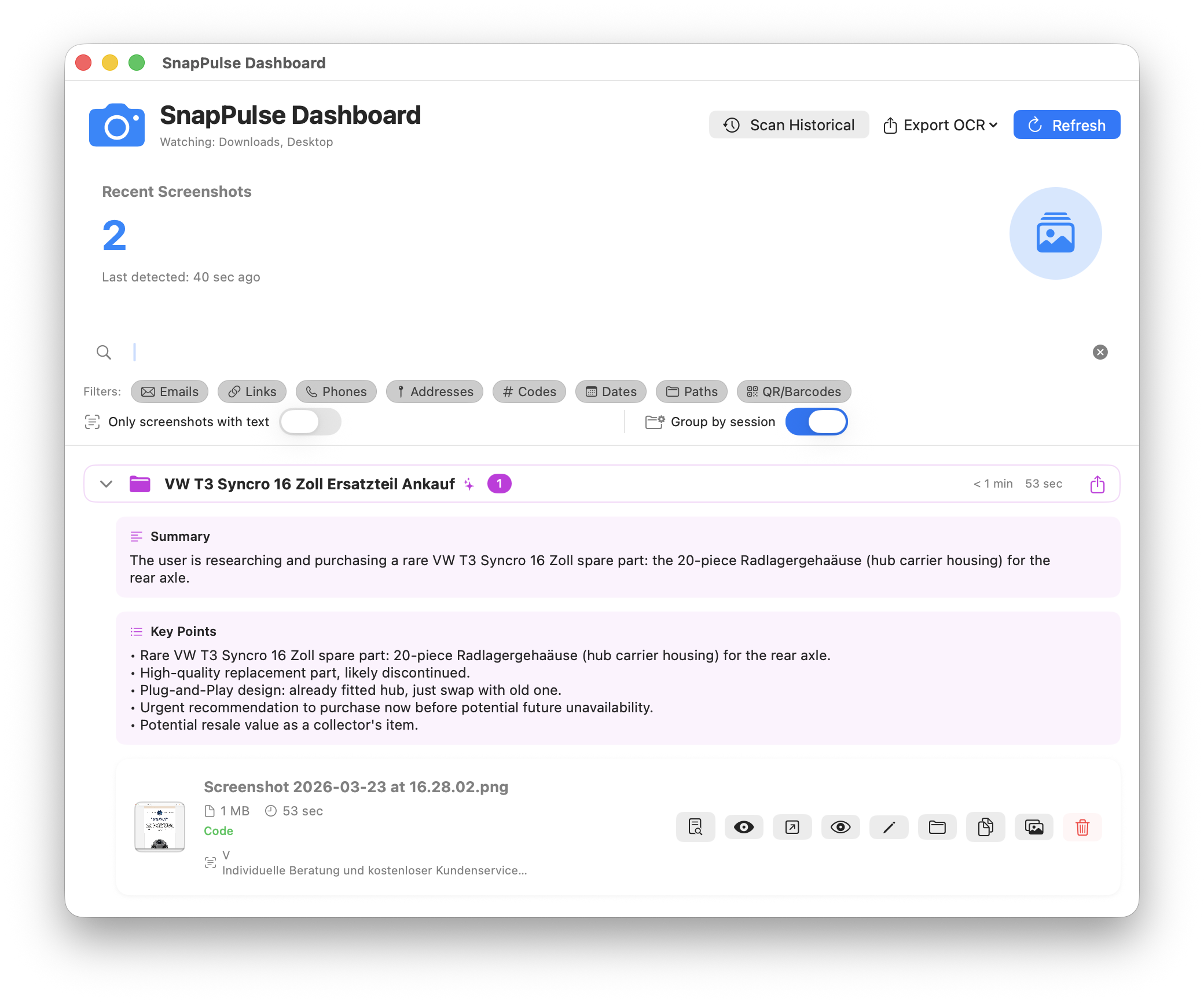 SnapPulse session view with AI-generated title, summary, and key points for a grouped screenshot session